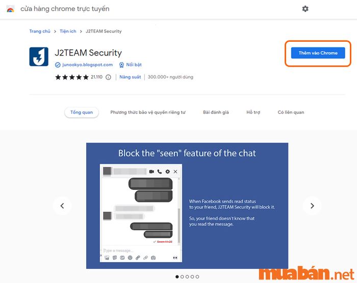 Nhấn “Thêm vào Chrome” để cài đặt tiện ích mở rộng J2Team Security