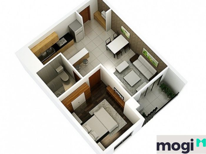 Phối cảnh 3D căn hộ mẫu (1 phòng ngủ) với diện tích 49,56m2 tại dự án CT Home Bình Thạnh