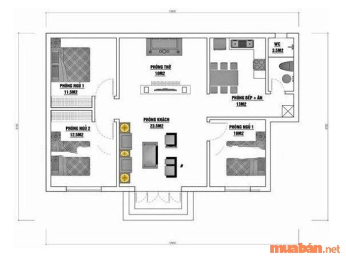 Bản vẽ nội thất cho ngôi nhà có diện tích 10x12m.