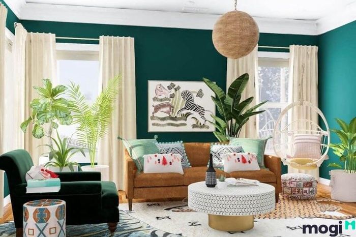 Thiết kế nội thất nhà phố 2 tầng kiểu tropical với sắc xanh tươi mát, dễ chịu