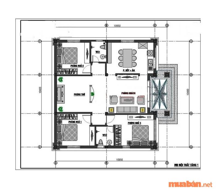 Bản vẽ tham khảo cho ngôi nhà cấp 4 mái Nhật 3 phòng ngủ với diện tích 12x12m.