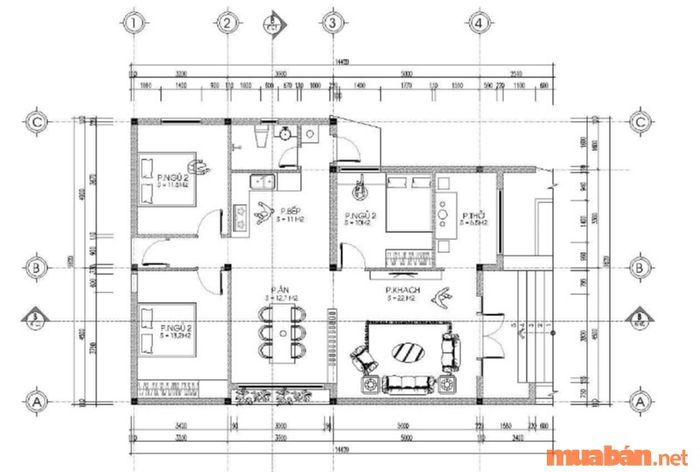Mặt bằng nội thất của ngôi nhà cấp 4 diện tích 9x14m thiết kế theo kiểu mái Nhật với 3 phòng ngủ.