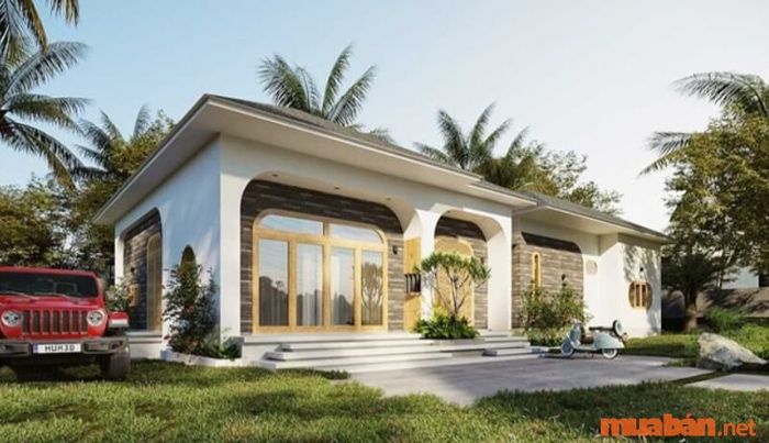 Nhà cấp 4 mái Nhật 3 phòng ngủ với cửa hình vòm hiện đại, tạo vẻ năng động.