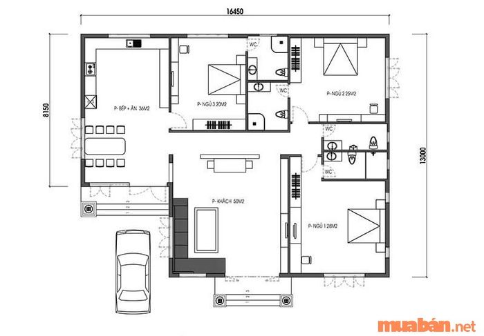Bản vẽ bố trí nội thất của nhà cấp 4 mái Nhật được xây dựng theo hình chữ L.