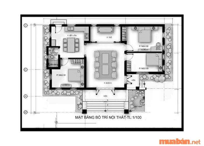 Bản vẽ minh họa cho ngôi nhà cấp 4 mái Nhật 3 phòng ngủ với ngân sách 500 triệu.
