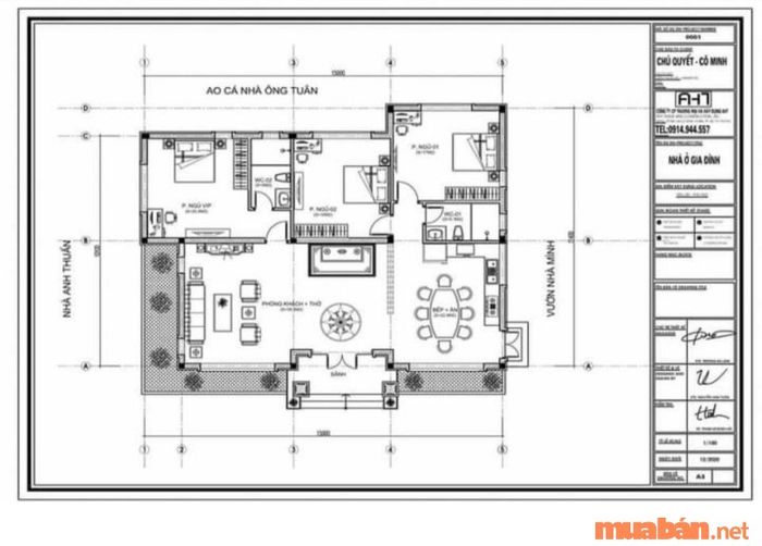 Bản vẽ tham khảo không gian bên trong ngôi nhà cấp 4 có diện tích 14x10m và 3 phòng ngủ.