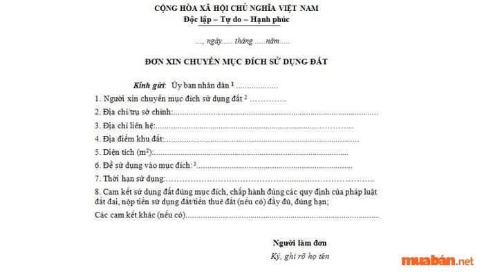 Đơn xin chuyển đổi mục đích sử dụng đất DNL