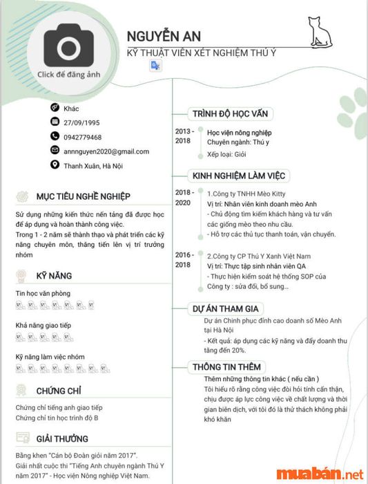 Mẫu CV xin việc cho kỹ thuật viên xét nghiệm thú y đầy đủ