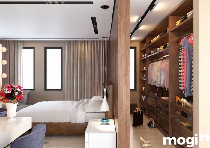 Thiết kế phòng thay đồ hiện đại phía sau giường ngủ