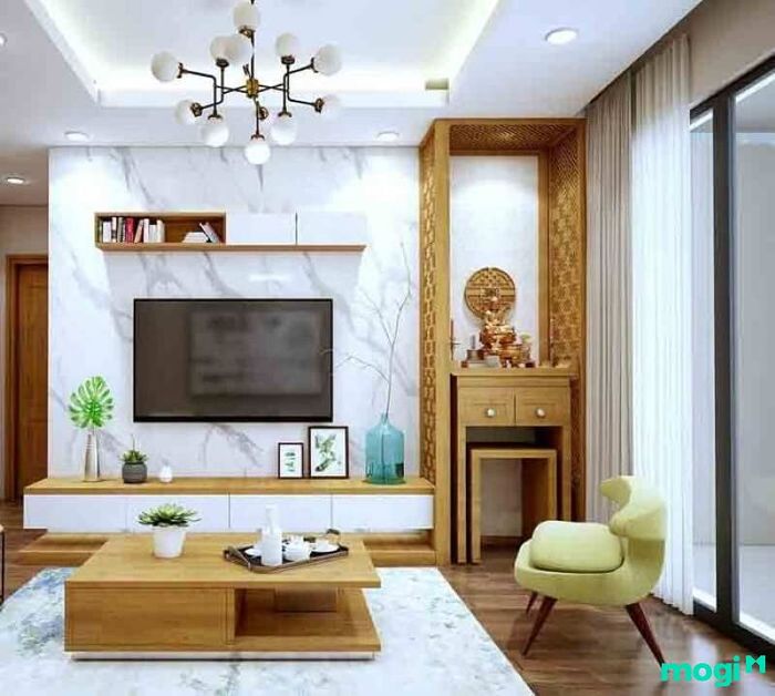 phòng khách kết hợp với phòng thờ nhà ống