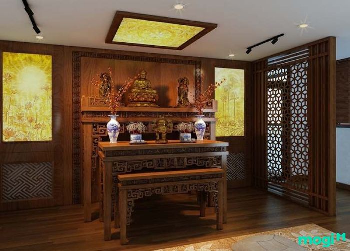 phòng khách kết hợp với phòng thờ trong nhà ống