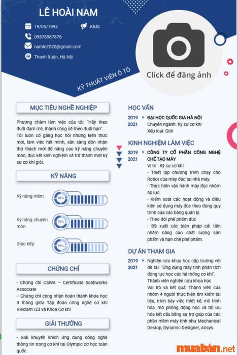 Mẫu CV xin việc cho kỹ thuật viên ô tô chuyên nghiệp