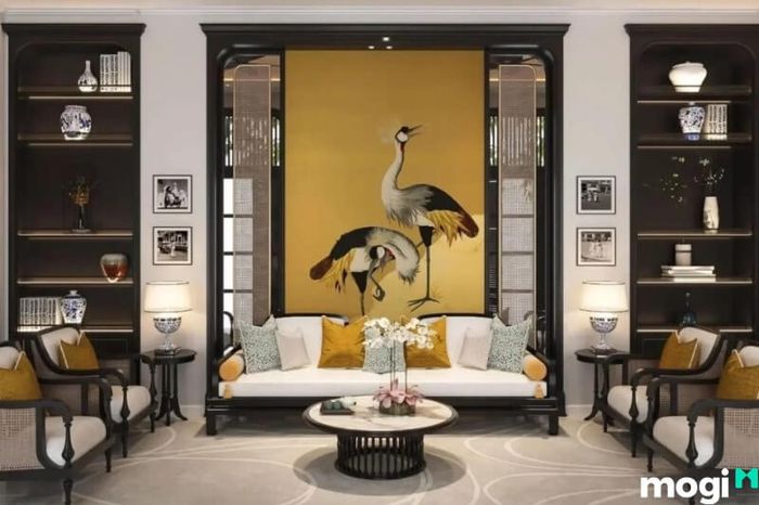Phong cách nội thất phòng khách trong nhà phố một trệt một lầu theo kiểu Indochine