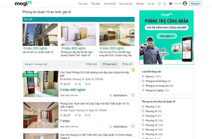 Bạn có thể tìm kiếm theo loại hình bất động sản như phòng chung chủ, phòng ở ghép…