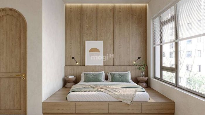 Phòng ngủ trang trí theo phong cách Nhật Bản với nội thất gỗ tự nhiên, mang lại sự ấm áp và thanh tịnh
