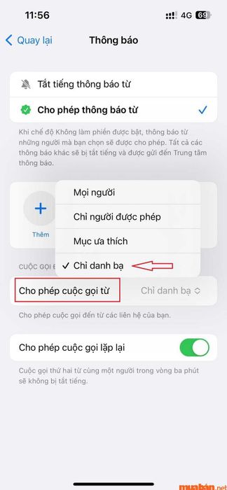 Chọn mục nhận cuộc gọi từ danh bạ