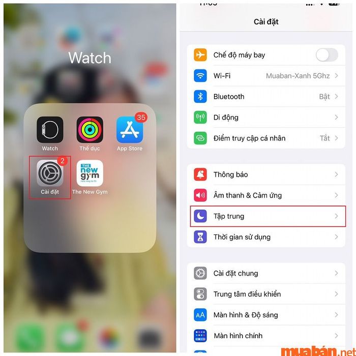 Tìm mục Tập trung để thực hiện thao tác