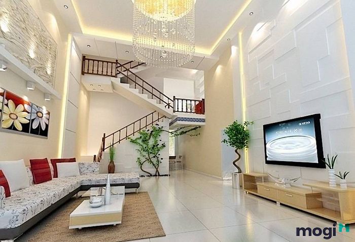 Trang trí phòng khách nhà ống 5m có cầu thang