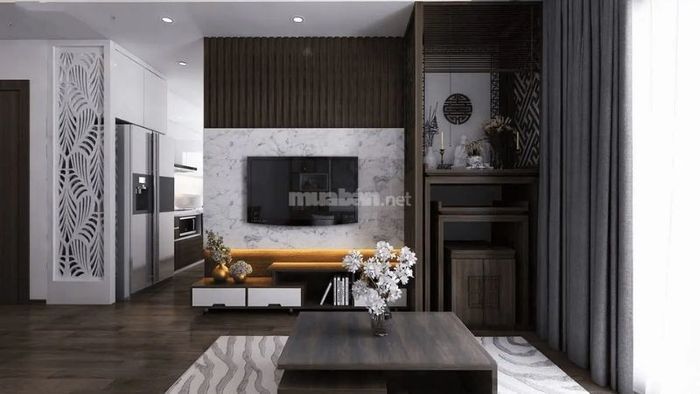 Phòng khách chung cư mở, tận dụng mọi ngóc ngách để tối ưu không gian sống.