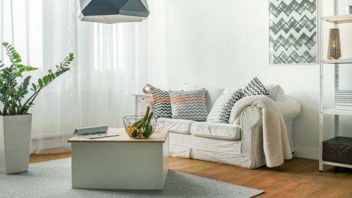 Nội thất tối giản với sofa nhỏ gọn và kệ trang trí đơn giản.