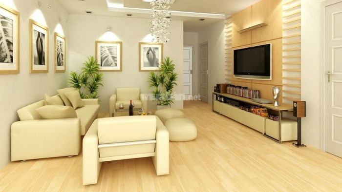 Kệ tivi treo tường kết hợp với những chi tiết trang trí nhẹ nhàng, tinh tế.