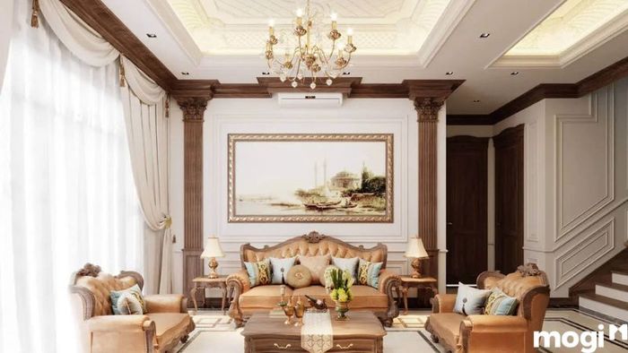 Mẫu phòng khách nhà ống kiểu tân cổ điển, nơi cổ điển và hiện đại gặp gỡ, tạo nên vẻ đẹp tinh tế và quý phái.