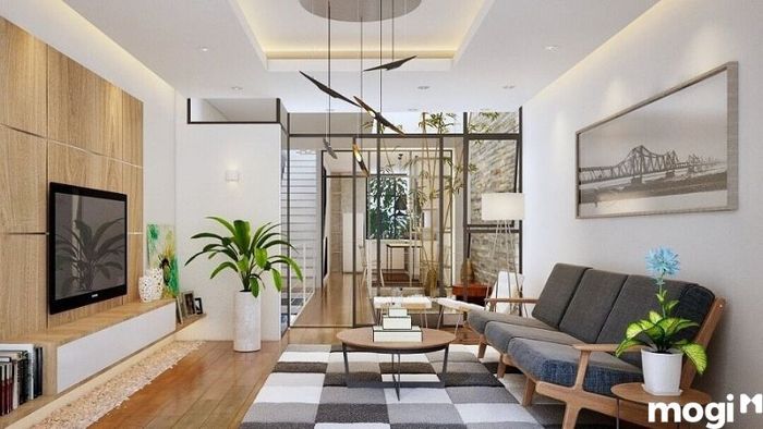 Phòng khách nhà ống hai mặt tiền với không gian mở, mang lại cảm giác tự do và dễ chịu