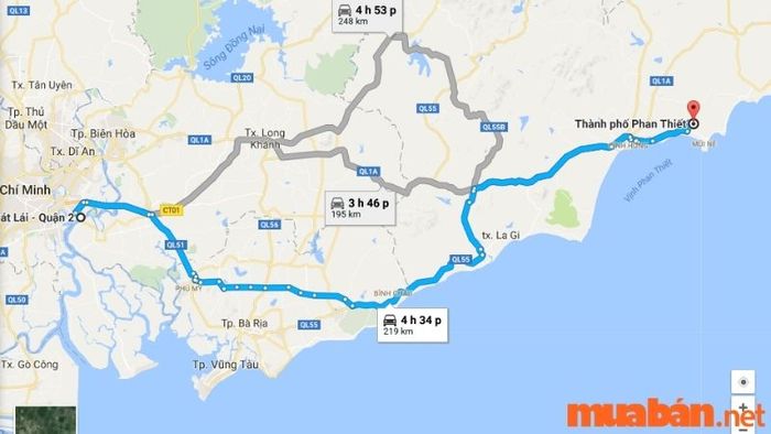Lộ trình bản đồ đến Phan Thiết