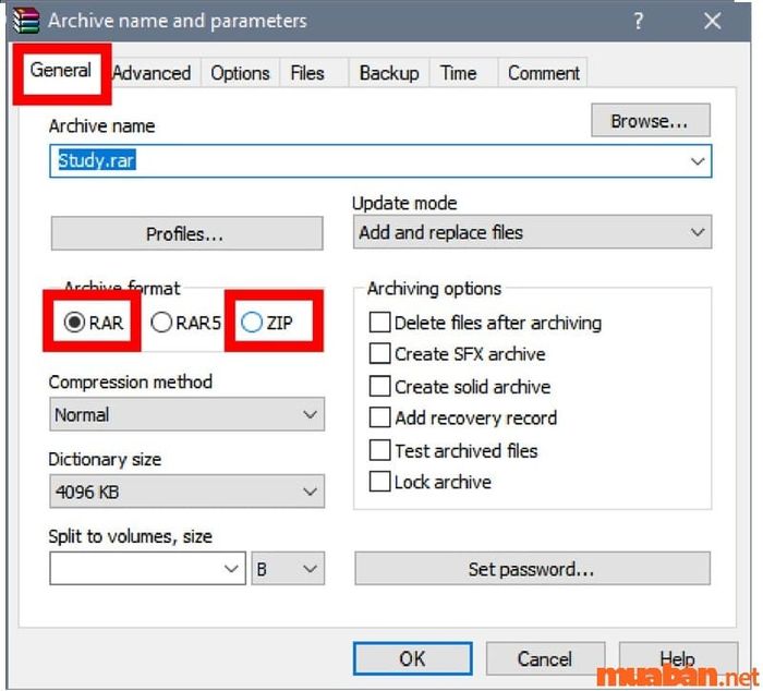 Đặt tên cho file nén và chọn định dạng nén phù hợp.