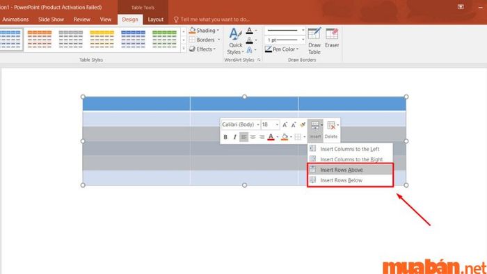 Lựa chọn thêm dòng vào bảng