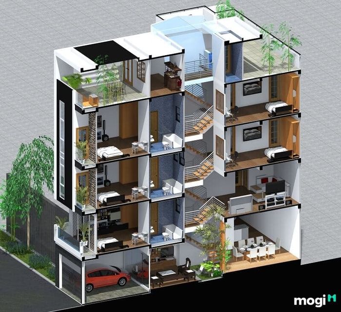 Mặt cắt của mẫu nhà lệch tầng 3.