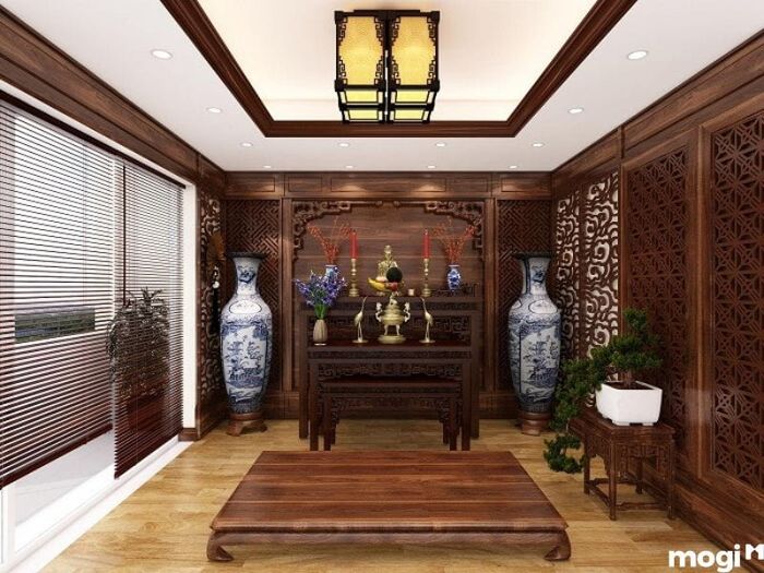 Thiết kế nội thất phòng thờ cho ngôi nhà rộng 7m x 9m với không gian trang trọng và thanh tịnh