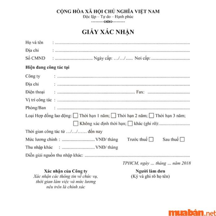 Mẫu số 1 của giấy xác nhận thu nhập mới nhất.