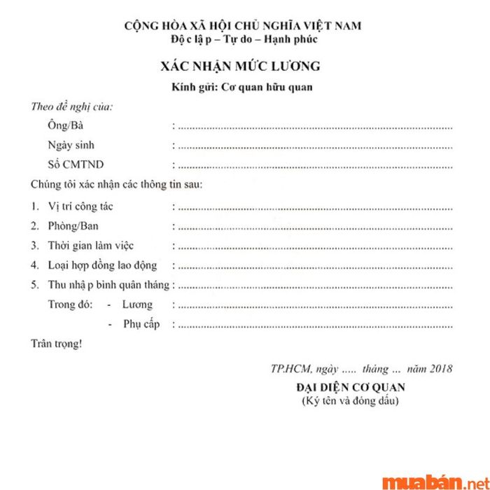 Mẫu Giấy Xác Nhận Thu Nhập – Mẫu 3