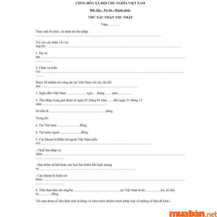 Mẫu Giấy Xác Nhận Thu Nhập – Mẫu 6