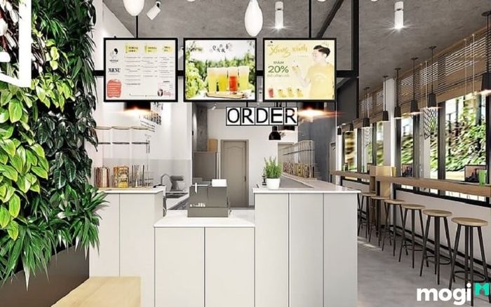 Thiết kế quán trà sữa nhỏ đẹp với ánh sáng được bố trí khoa học