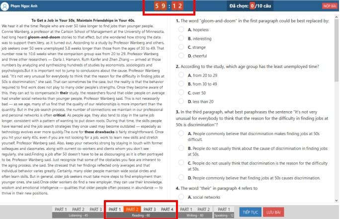 Giao diện bài thi Reading của VSTEP trên máy tính