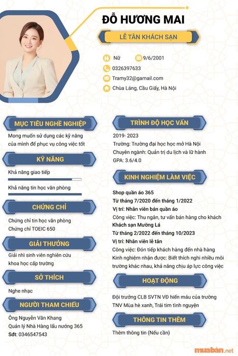 Mẫu CV lễ tân chuẩn mực và chuyên nghiệp (Ảnh: sưu tầm)