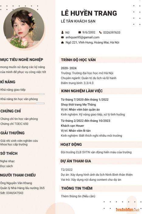 Mẫu CV lễ tân chuẩn mực (Ảnh: sưu tầm)