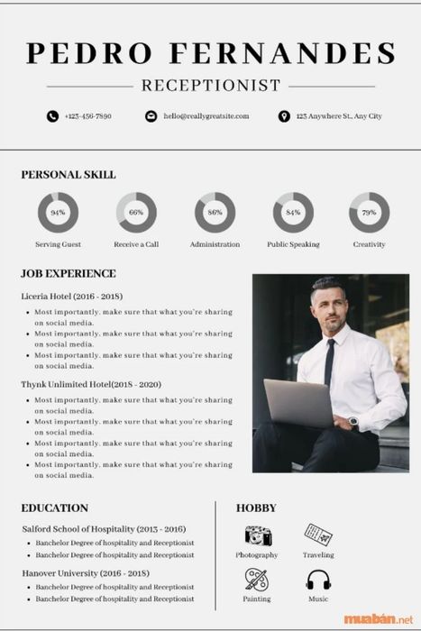 Mẫu CV lễ tân chuyên nghiệp, ấn tượng (Ảnh: sưu tầm)