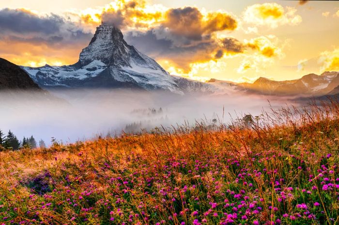Mist rises around the iconic Matterhorn.