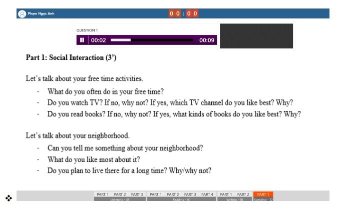 Giao diện bài thi Speaking của VSTEP trên máy tính