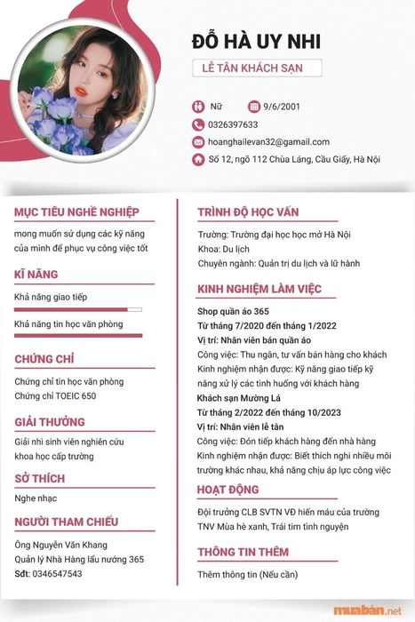 Mẫu CV lễ tân với phong cách thanh lịch (Ảnh: sưu tầm)