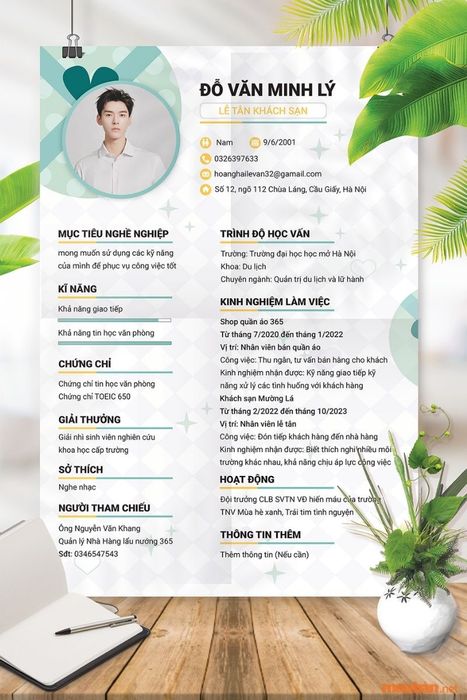 Mẫu CV lễ tân phong cách và chuyên nghiệp (Ảnh: sưu tầm)