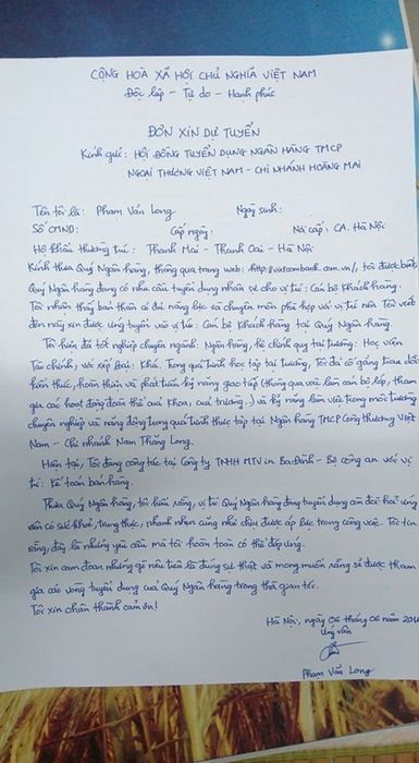 Mẫu CV viết tay cho ngành ngân hàng - Nguồn: Internet