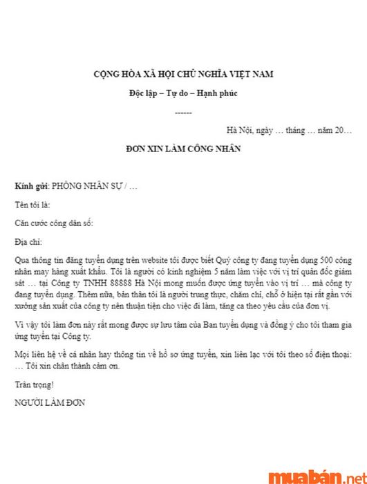 Mẫu đơn xin việc viết tay cho công nhân