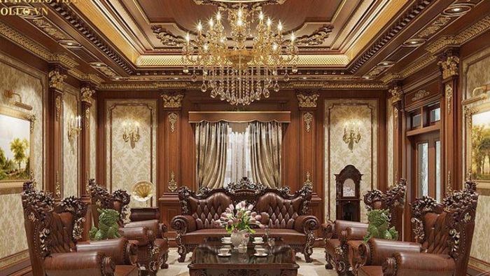 Phòng khách tân cổ điển được chăm chút tỉ mỉ với các đường nét và hình khối trên tường