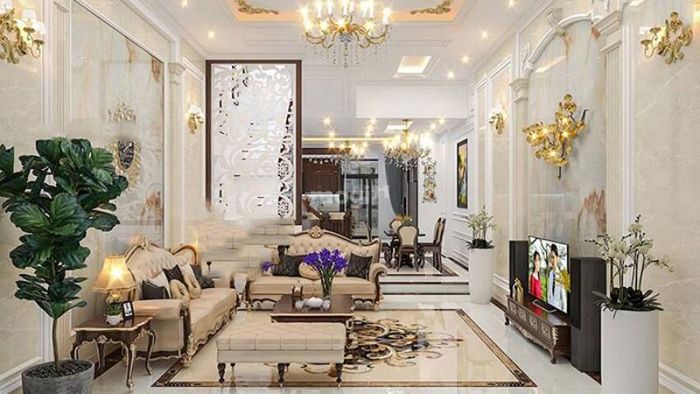 Phòng khách tân cổ điển cho nhà ống thường chọn các gam màu sáng để tạo cảm giác thoáng đãng