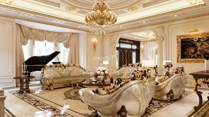 Phòng khách tân cổ điển sang trọng với gam màu vàng nhạt dịu nhẹ