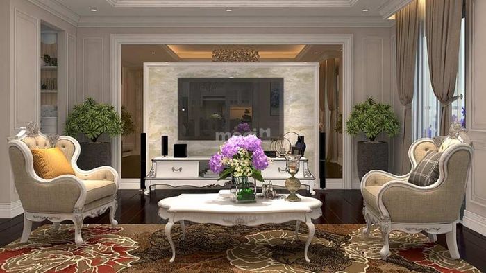 Trang trí phòng khách chung cư theo phong cách tân cổ điển với nội thất màu trắng